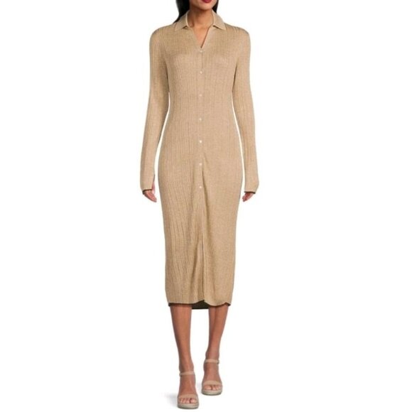 Theory Cardigan Dress Women M Bone Ribbed Silk Blend Duster Shirtdress Midi READ - Picture 1 of 16